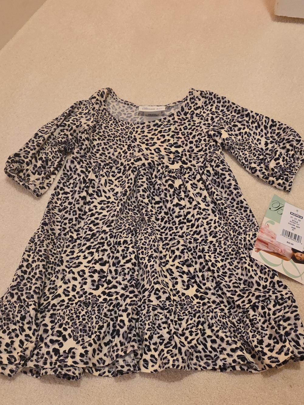 NWT Bonnie Jean Cream and Black Leopard Print Tiered Dress